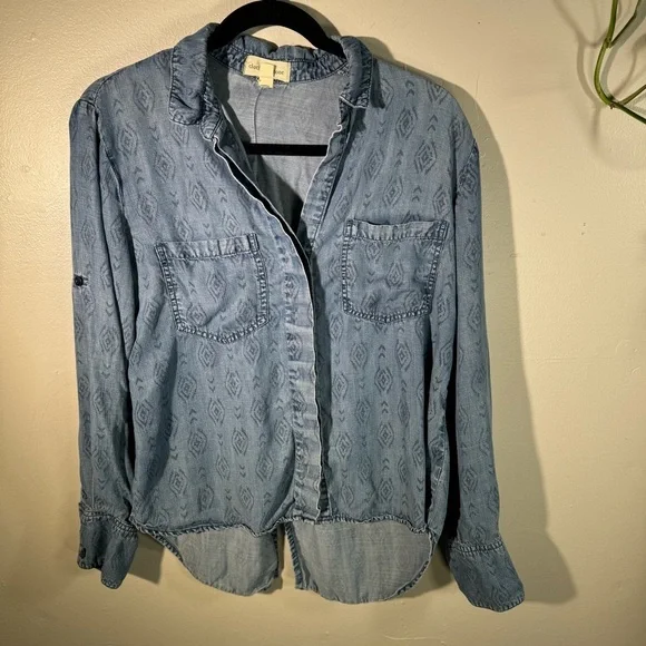 Cloth&Stone Roll Tab Sleeve Blue Tencel Button Up Shirt denim chambray tribal - Picture 14 of 14